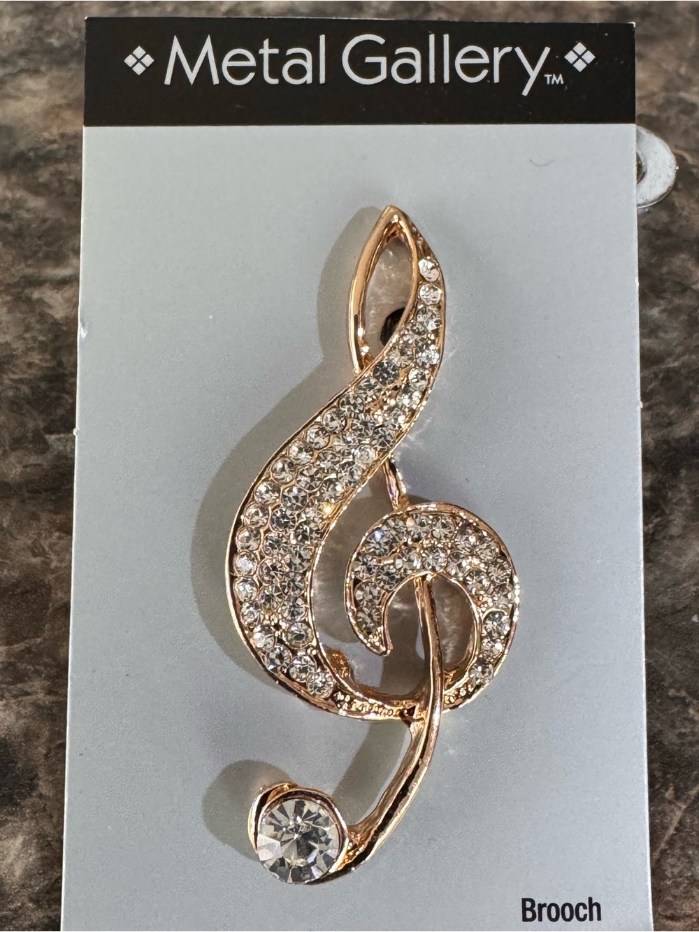 Metal Gallery Gold-Tone Clear Rhinestone Treble Clef Brooch New